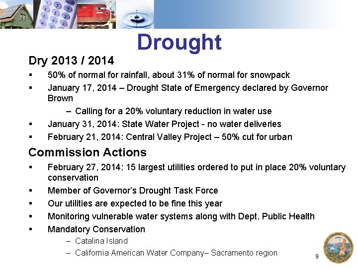 Dry 2013 / 2014 § § Drought 50% of normal for rainfall, about 31%