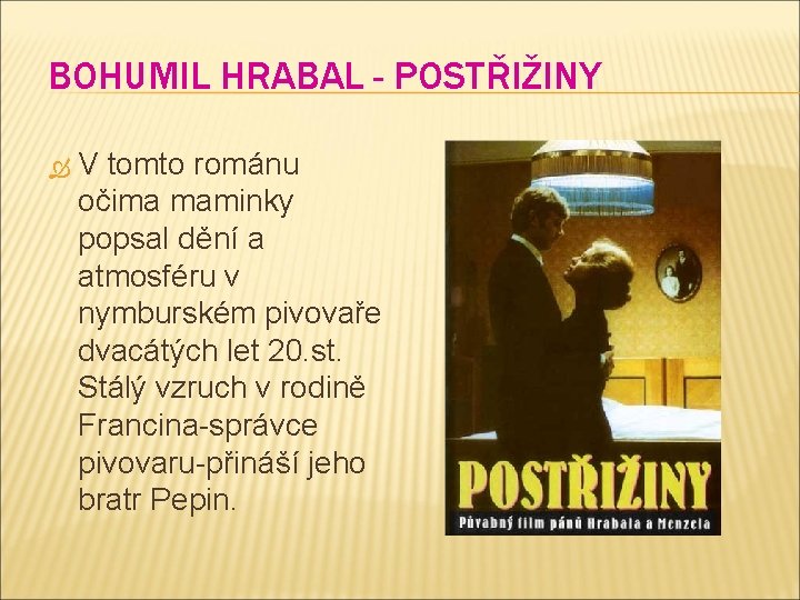 BOHUMIL HRABAL - POSTŘIŽINY V tomto románu očima maminky popsal dění a atmosféru v