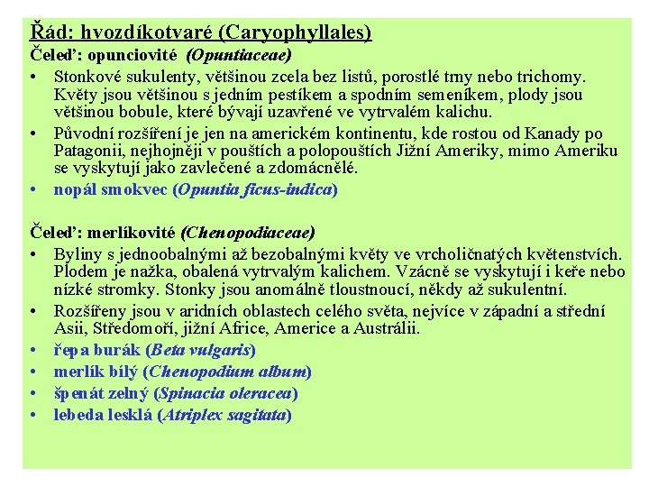 Řád: hvozdíkotvaré (Caryophyllales) Čeleď: opunciovité (Opuntiaceae) • Stonkové sukulenty, většinou zcela bez listů, porostlé