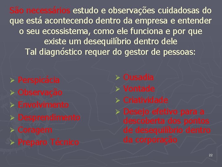 São necessários estudo e observações cuidadosas do que está acontecendo dentro da empresa e