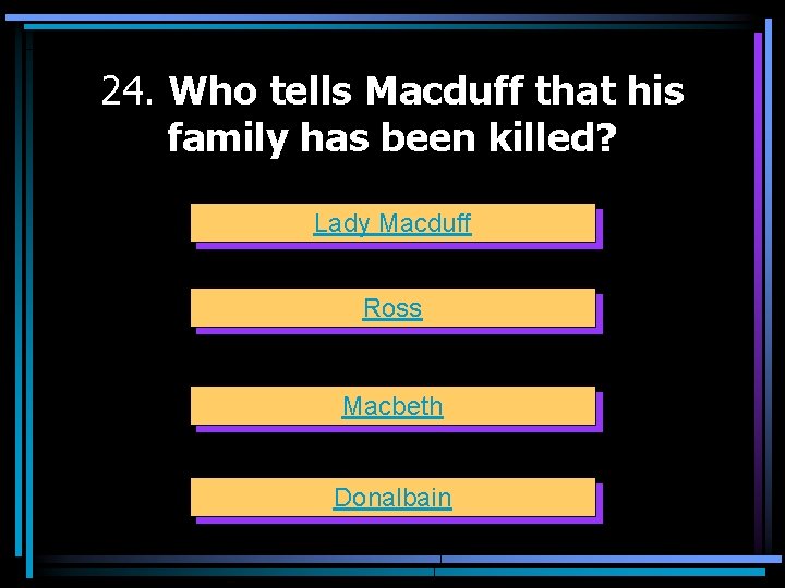 24. Who tells Macduff that his family has been killed? Lady Macduff Ross Macbeth