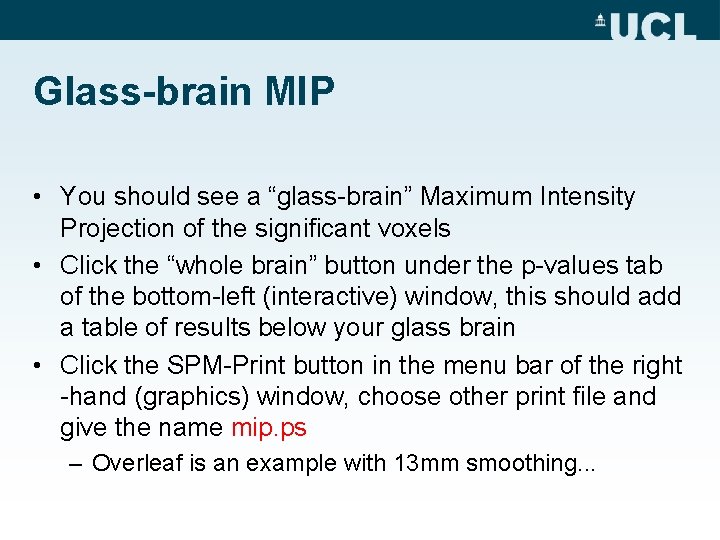 Glass-brain MIP • You should see a “glass-brain” Maximum Intensity Projection of the significant