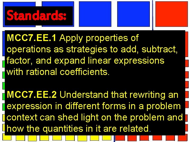 Standards: MCC 7. EE. 1 Apply properties of operations as strategies to add, subtract,