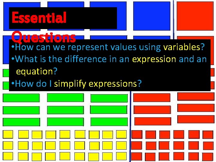 Essential Questions • How can we represent values using variables? • What is the