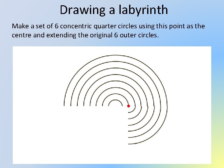 Drawing a labyrinth Make a set of 6 concentric quarter circles using this point