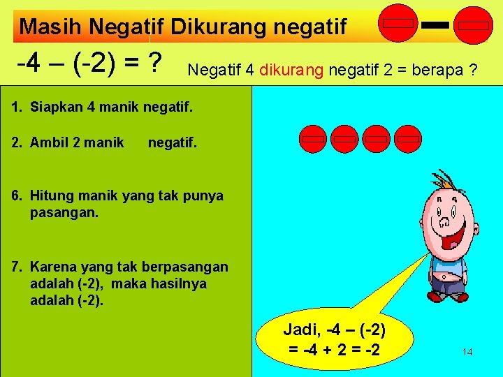 Masih Negatif Dikurang negatif -4 – (-2) = ? Negatif 4 dikurang negatif 2