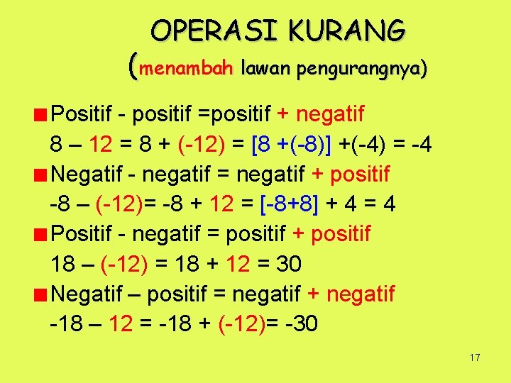 OPERASI KURANG (menambah lawan pengurangnya) Positif - positif =positif + negatif 8 – 12