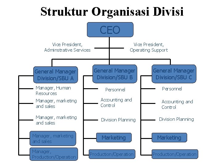 Struktur Organisasi Divisi CEO Vice President, Adminstrative Services General Manager Division/SBU A Manager, Human