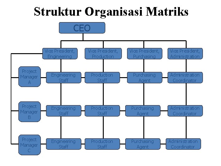 Struktur Organisasi Matriks CEO Vice President, Engineering Vice President, Production Vice President, Purchasing Vice