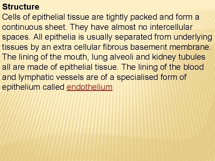 Structure Cells of epithelial tissue are tightly packed and form a continuous sheet. They