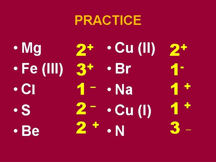 PRACTICE • Mg • Fe (III) • Cl • S • Be + 2