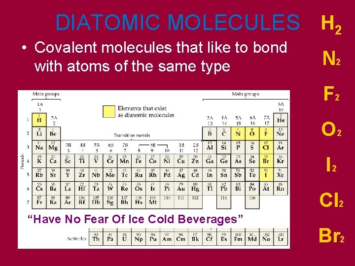 DIATOMIC MOLECULES H 2 • Covalent molecules that like to bond with atoms of
