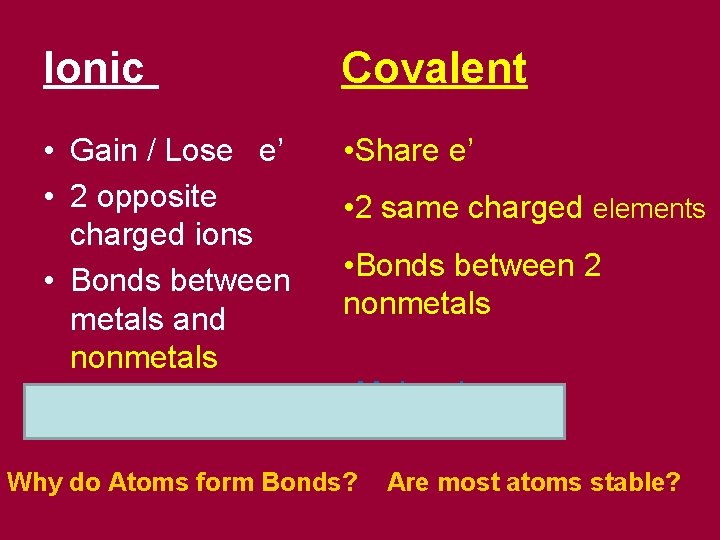 Ionic Covalent • Gain / Lose e’ • 2 opposite charged ions • Bonds