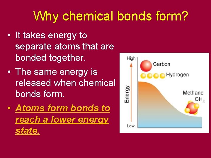 Why chemical bonds form? • It takes energy to separate atoms that are bonded