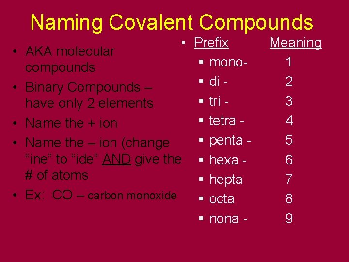 Naming Covalent Compounds • • • Prefix AKA molecular § monocompounds § di Binary