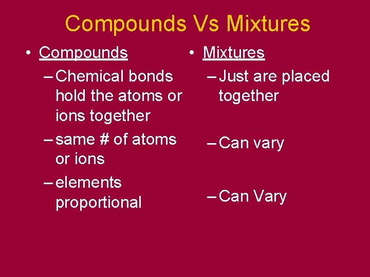 Compounds Vs Mixtures • Compounds • Mixtures – Chemical bonds – Just are placed