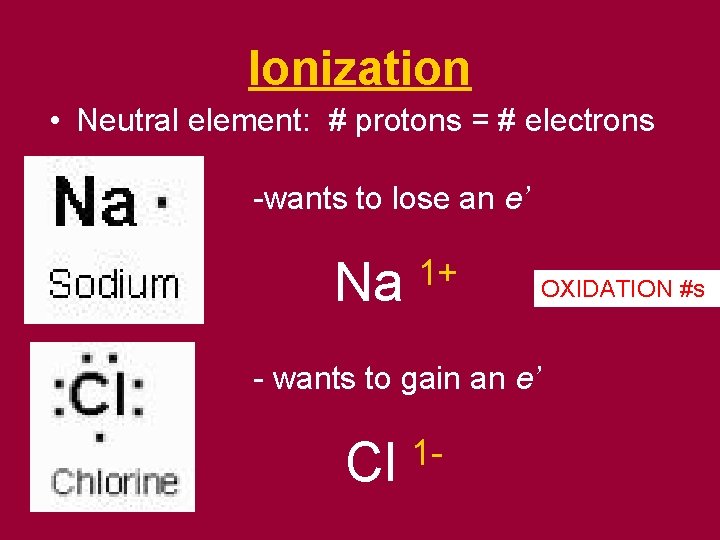Ionization • Neutral element: # protons = # electrons -wants to lose an e’
