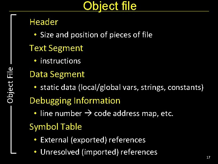 Object file Header • Size and position of pieces of file Text Segment Object