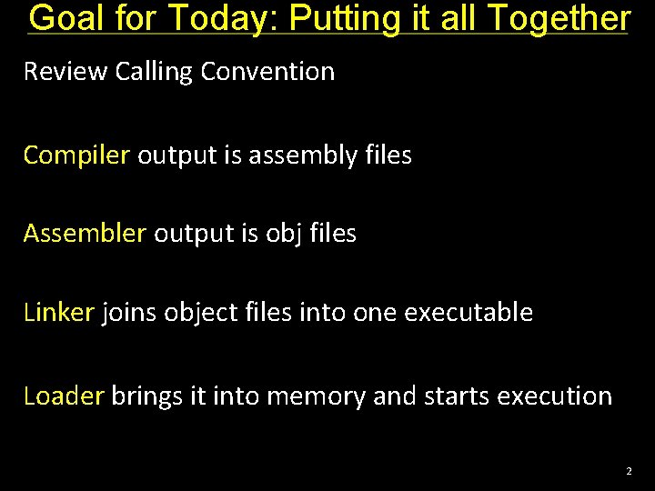 Goal for Today: Putting it all Together Review Calling Convention Compiler output is assembly