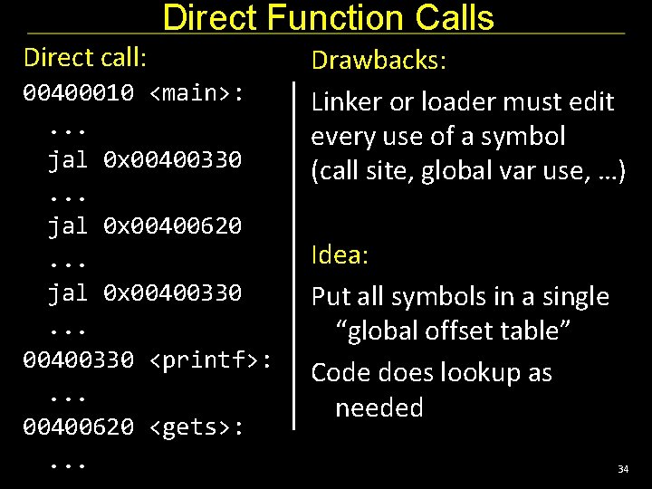 Direct Function Calls Direct call: 00400010 <main>: . . . jal 0 x 00400330.