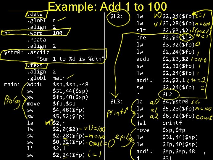Example: Add 1 to 100 . data. globl. align n: . word. rdata. align
