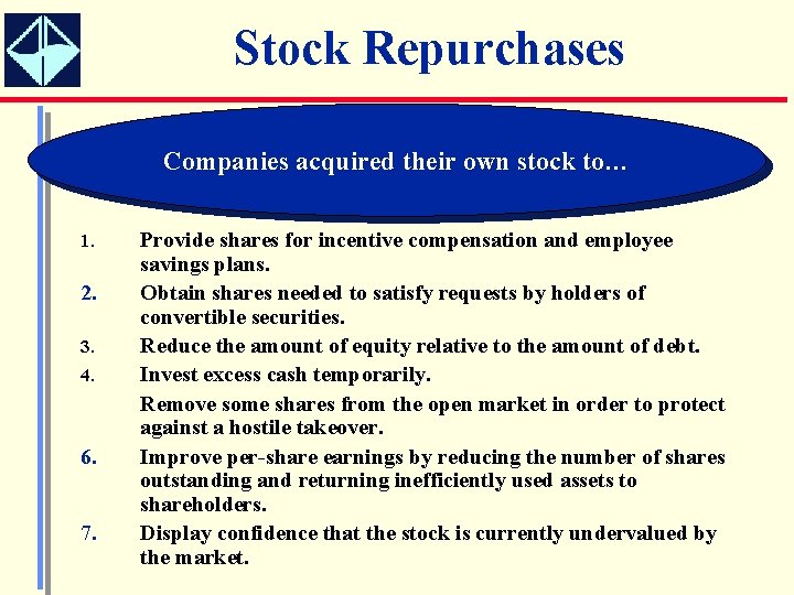 Stock Repurchases Companies acquired their own stock to… 1. 2. 3. 4. 6. 7.