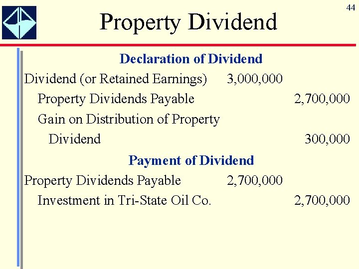 Property Dividend 44 Declaration of Dividend (or Retained Earnings) 3, 000 Property Dividends Payable