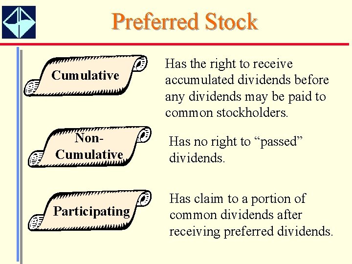 Preferred Stock Cumulative Has the right to receive accumulated dividends before any dividends may