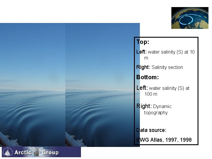 Top: Left: water salinity (S) at 10 m Right: Salinity section Bottom: Left: water