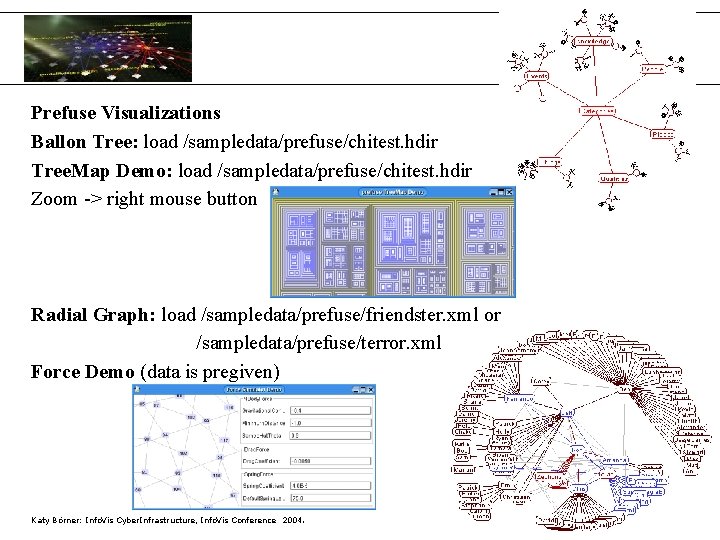 Prefuse Visualizations Ballon Tree: load /sampledata/prefuse/chitest. hdir Tree. Map Demo: load /sampledata/prefuse/chitest. hdir Zoom