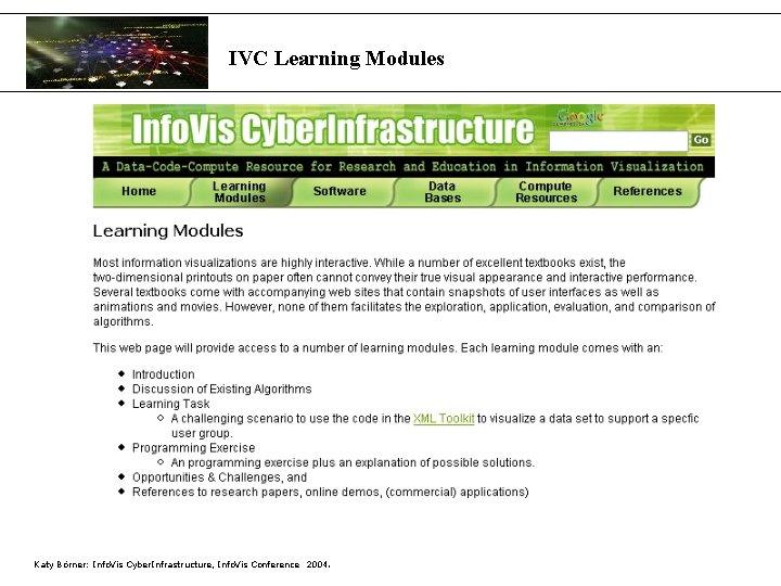 IVC Learning Modules Katy Börner: Info. Vis Cyber. Infrastructure, Info. Vis Conference 2004. 