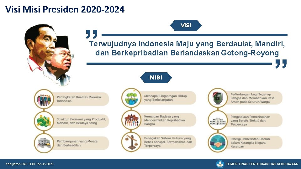 Visi Misi Presiden 2020 -2024 VISI ” Terwujudnya Indonesia Maju yang Berdaulat, Mandiri, dan