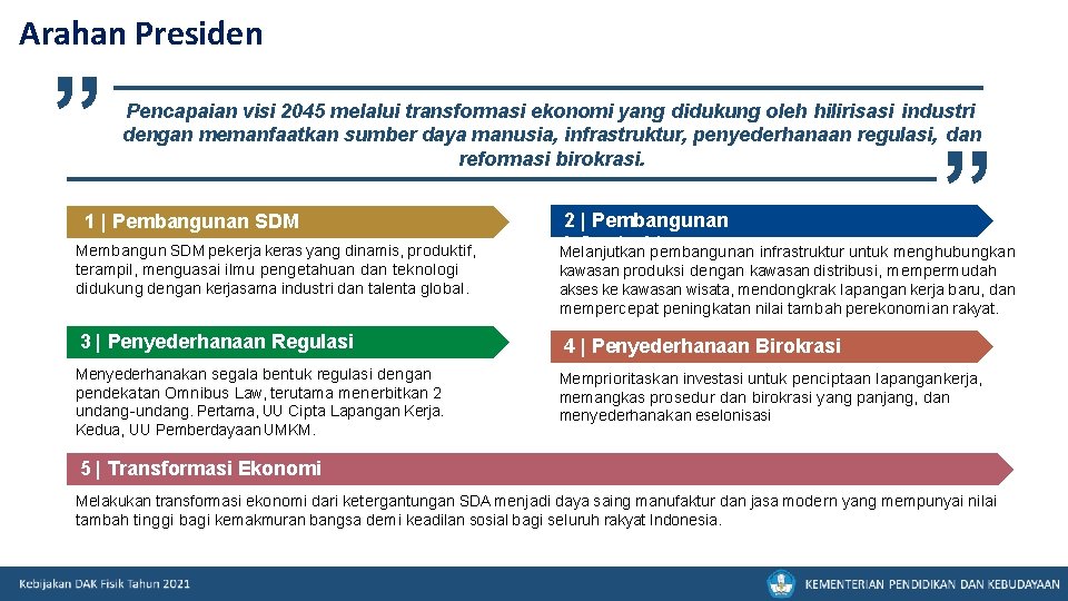 Arahan Presiden ” Pencapaian visi 2045 melalui transformasi ekonomi yang didukung oleh hilirisasi industri