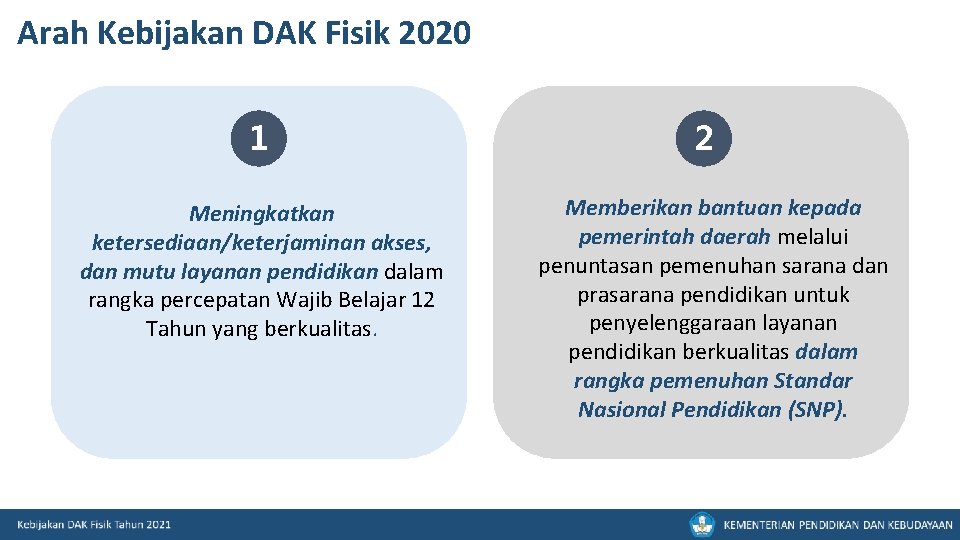 Arah Kebijakan DAK Fisik 2020 1 Meningkatkan ketersediaan/keterjaminan akses, dan mutu layanan pendidikan dalam