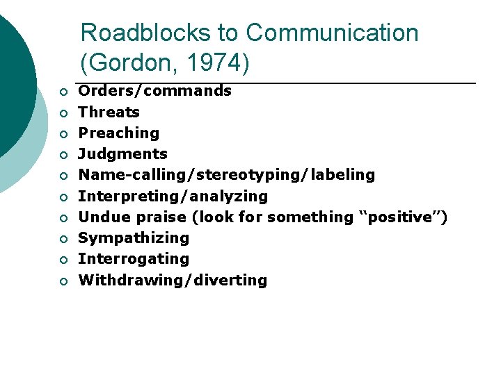 Roadblocks to Communication (Gordon, 1974) ¡ ¡ ¡ ¡ ¡ Orders/commands Threats Preaching Judgments