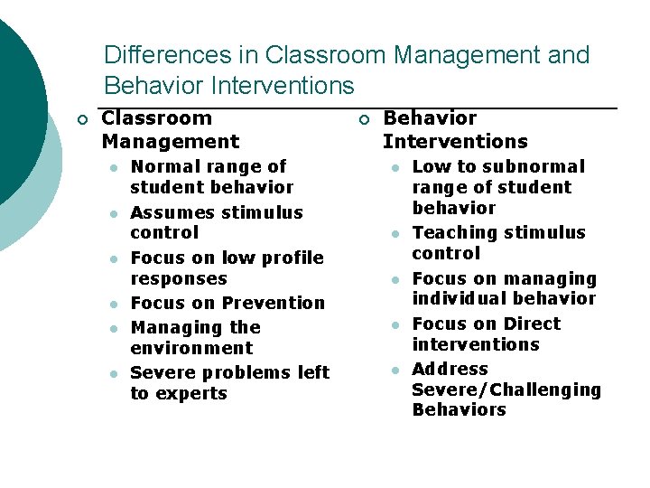 Differences in Classroom Management and Behavior Interventions ¡ Classroom Management l l l Normal