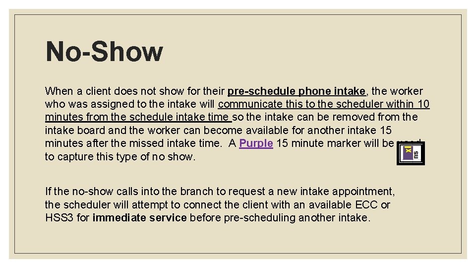 No-Show When a client does not show for their pre-schedule phone intake, the worker
