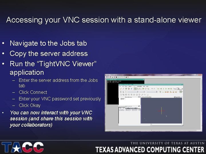 Accessing your VNC session with a stand-alone viewer • Navigate to the Jobs tab