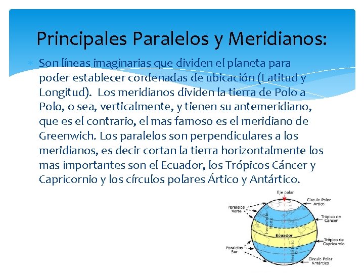 Principales Paralelos y Meridianos: Son líneas imaginarias que dividen el planeta para poder establecer