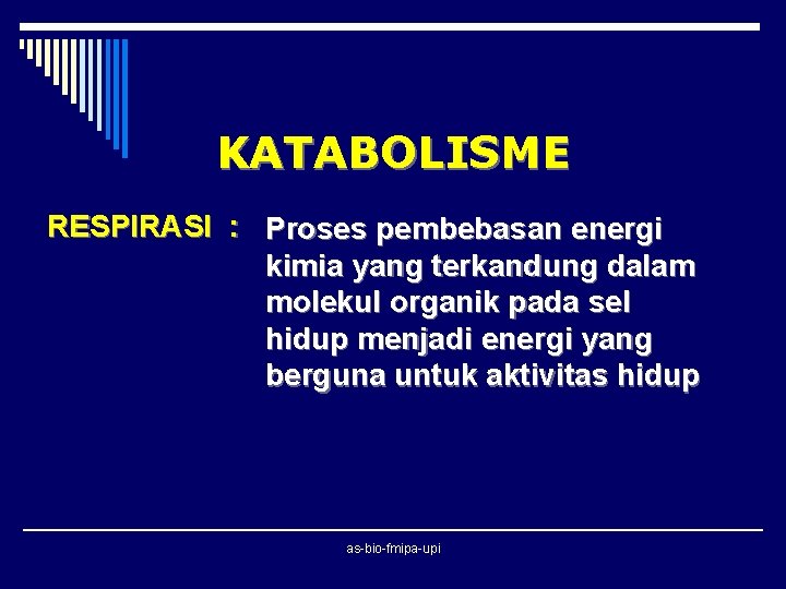 KATABOLISME RESPIRASI : Proses pembebasan energi kimia yang terkandung dalam molekul organik pada sel