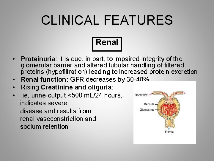 CLINICAL FEATURES Renal • Proteinuria: It is due, in part, to impaired integrity of