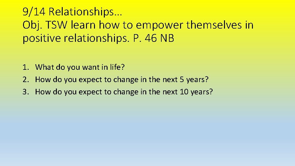 9/14 Relationships… Obj. TSW learn how to empower themselves in positive relationships. P. 46