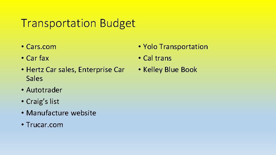 Transportation Budget • Cars. com • Car fax • Hertz Car sales, Enterprise Car