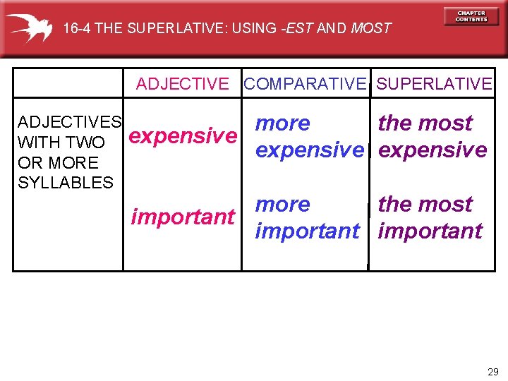 16 -4 THE SUPERLATIVE: USING -EST AND MOST ADJECTIVE COMPARATIVE SUPERLATIVE ADJECTIVES WITH TWO