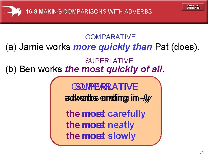16 -8 MAKING COMPARISONS WITH ADVERBS COMPARATIVE (a) Jamie works more quickly than Pat