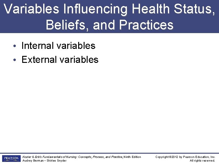 Variables Influencing Health Status, Beliefs, and Practices • Internal variables • External variables Kozier