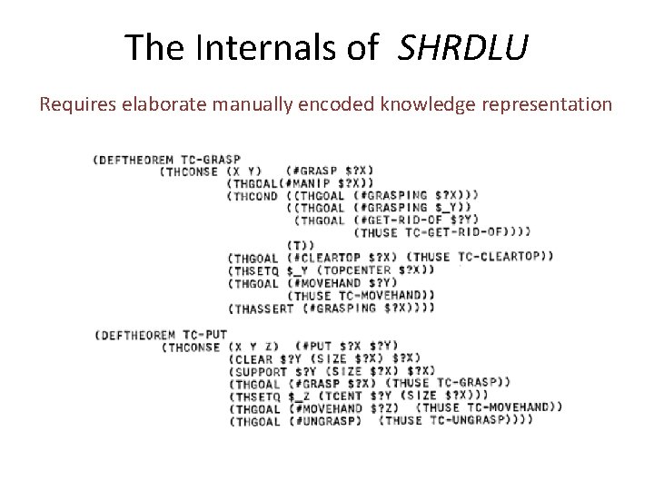 The Internals of SHRDLU Requires elaborate manually encoded knowledge representation 