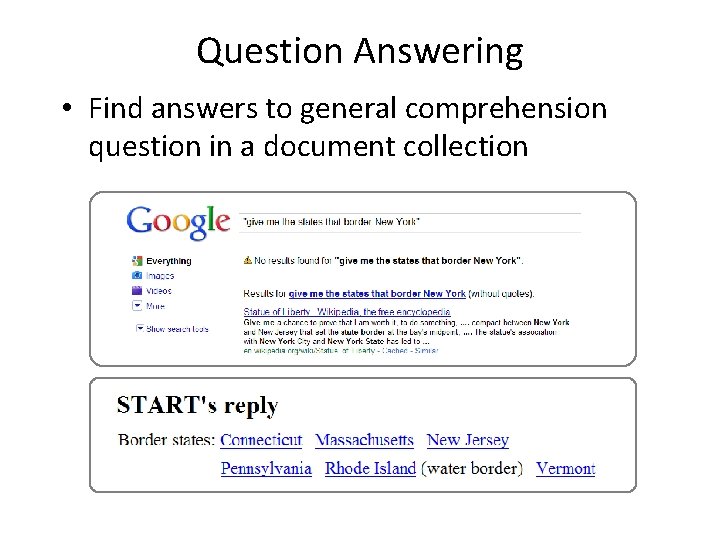 Question Answering • Find answers to general comprehension question in a document collection 
