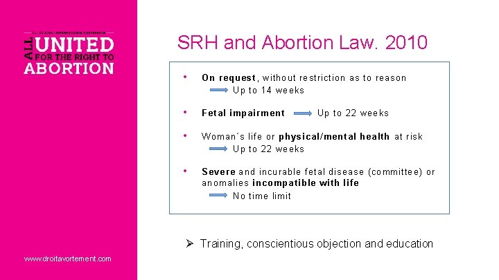 SRH and Abortion Law. 2010 • On request , without restriction as to reason