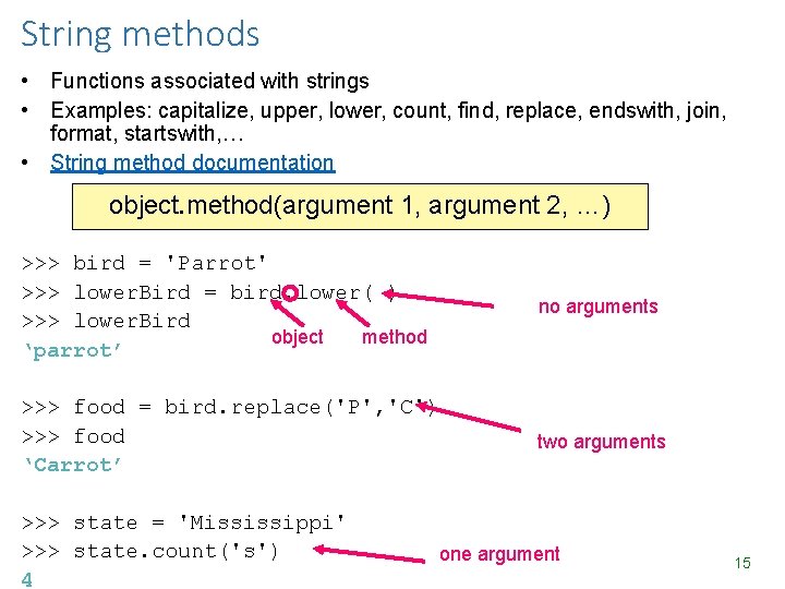 String methods • Functions associated with strings • Examples: capitalize, upper, lower, count, find, String methods • Functions associated with strings • Examples: capitalize, upper, lower, count, find,